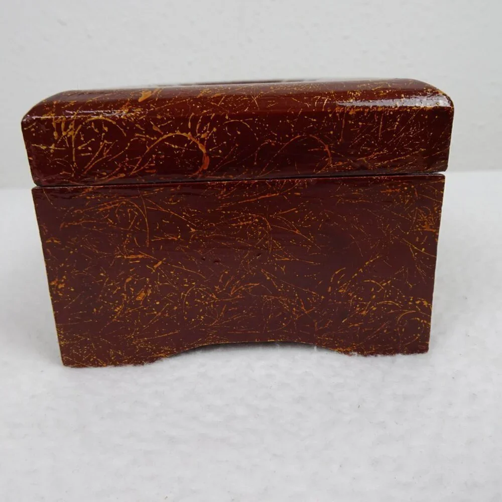 Vintage Asian Jewelry Box Lacquered Carved Diorama Art Inset Pagoda Lined